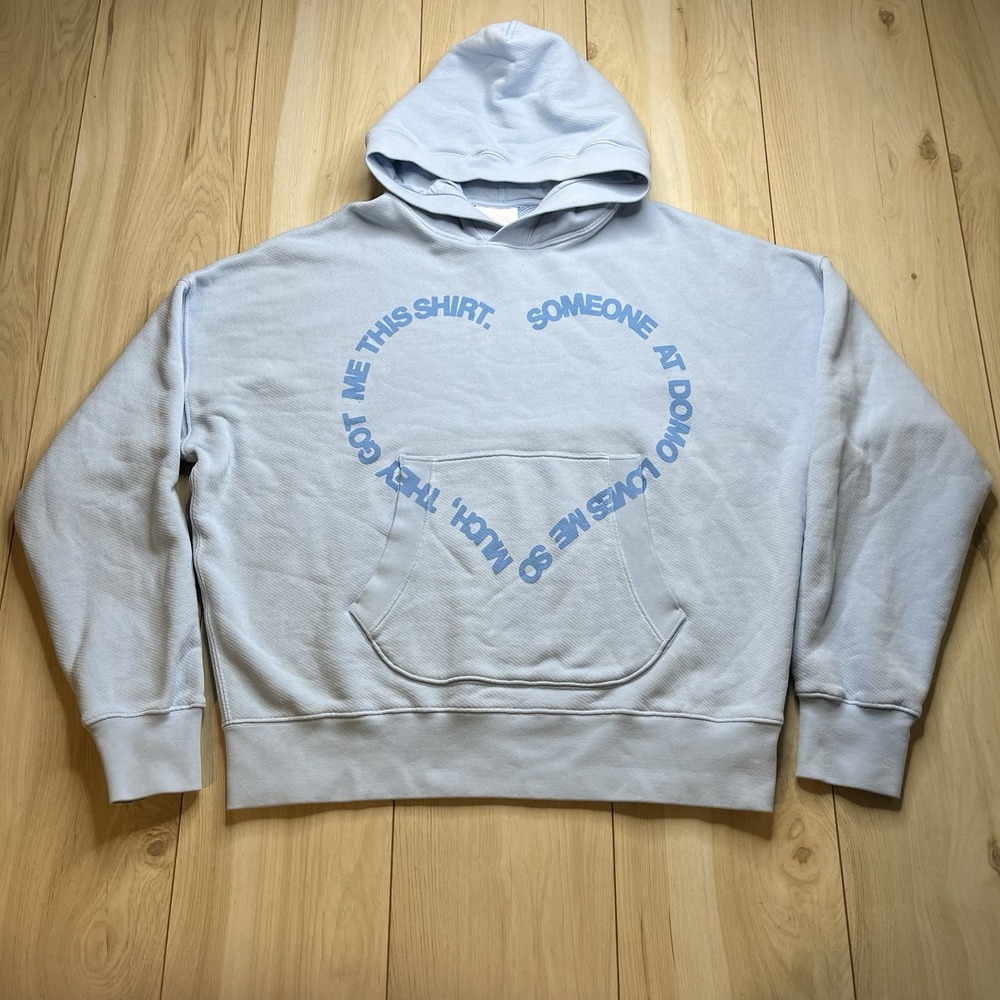 Le Pere "Domo" Hearts Hoodie Men's Size Medium Blue Oversized Sweater Pullover